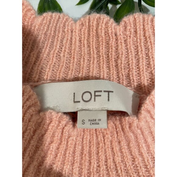 Loft Womens Scalloped Mock Neck Sweater Pink Leaf Pattern Knit Acrylic/Nylon S - Picture 5 of 9